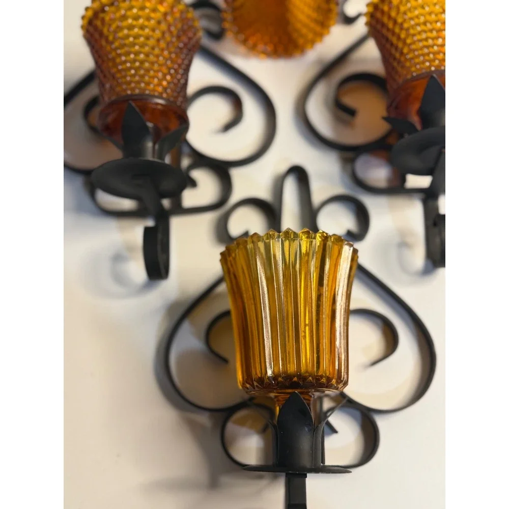 VTG Homco Wall Sconce Candle Holders Amber Hobnail Ribbed Glass‎ Black Metal X 3